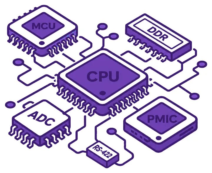 Illustration of a COTS semiconductor device containing CPU, MCU, memory, ADC, power-management and serial-interface elements