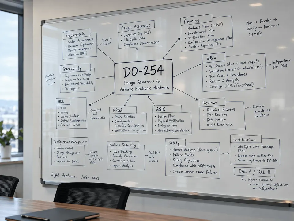 A whiteboard map of the DO-254 life cycle, linking planning, requirements and traceability, HDL, FPGA and ASIC design, verification and validation, reviews, configuration management, problem reporting, safety, and certification.